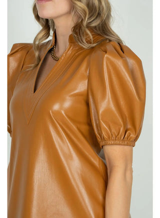 Emily McCarthy Hampton Mini Dress, Pecan Faux Leather