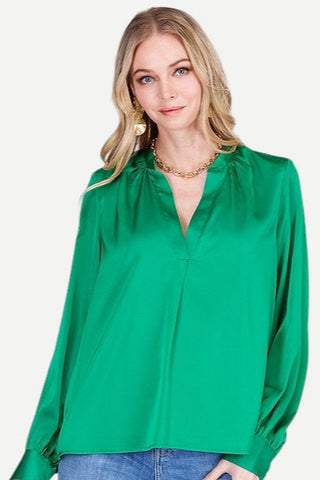 Joy Joy Placket V-Neck Top, Evergreen