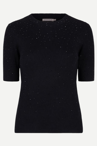 Esqualo Rib Short Sleeve Studs Top - Black