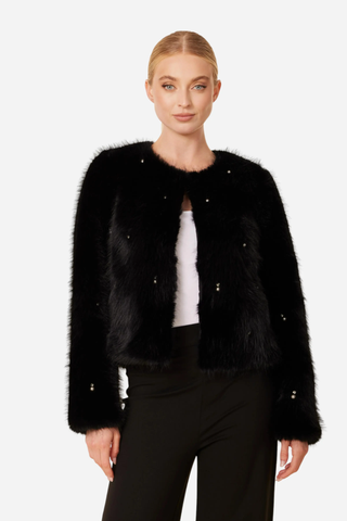 Dolce Cabo Embellished Pearl and Rhinestone Faux Fur Jacket, Black