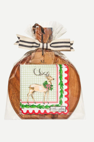 Sophistiplate 9.75x8" Acacia Bevel Board w/ Bow & Cocktail Napkin, Reindeer
