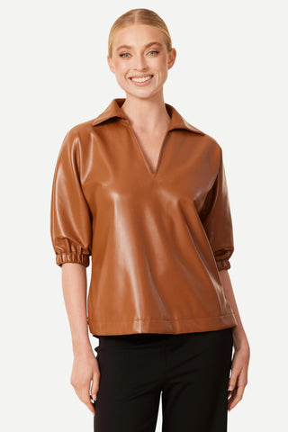 Dolce Cabo Vegan Leather V-Neck Short Sleeve Top, Saddle