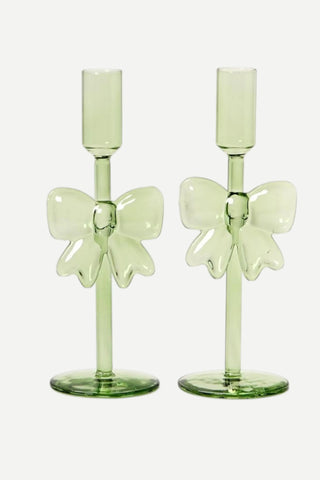 Two's Company Bow Taper Candleholder, Green TWO'S COMPANY