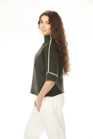 Rain + Rose Elira Scallop Trim Mock Neck Knit Sweater, Olive