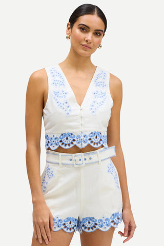 Allison Embroidered Ainsley Shorts, White & Blue