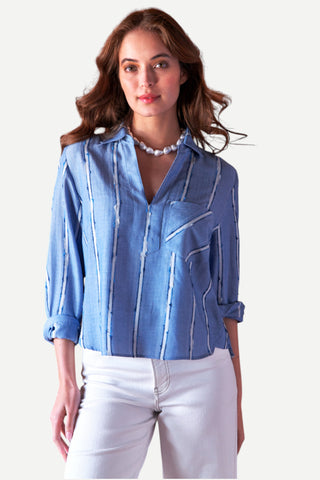 Finley Joni Popover Ethnic Stripe Top, Blue/White