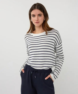 Esqualo Slub Crewneck Stripe Sweater, Off White & Navy Esqualo