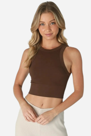 Nikibiki Ribbed High Neck Crop Top, Coffee Bean