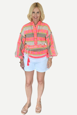 V By Jatin Varma Rakesh Stand Collar Multi Detail Blouse - Pink/Multi