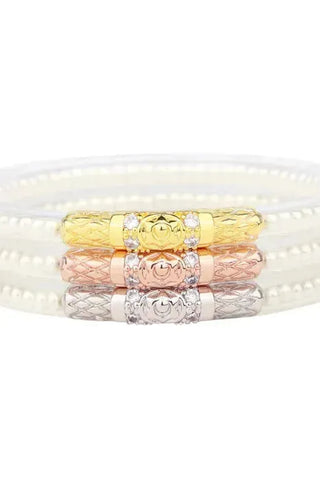 BudhaGirl Medium Three Queens All Weather Bangles, White Pearl