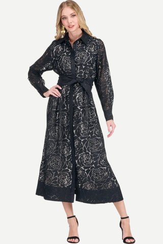 Jade Pleated Waist 50" Shirtdress, Black Burnout Pattern