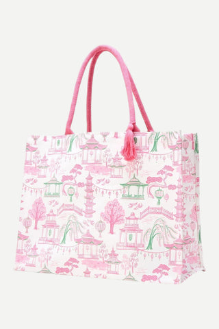 Two's Company Mahjong Block Print Tote Bag, Pink