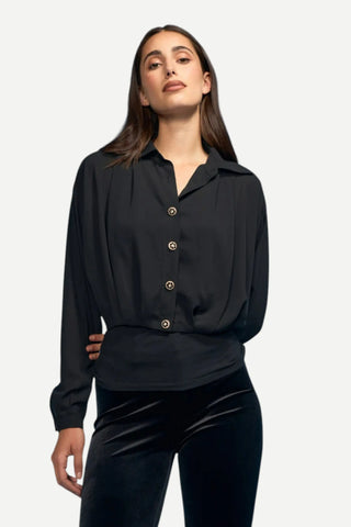 Oo La La Crop Chifon Blouse w/ Jewel Buttons, Black OO LA LA
