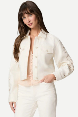 Paige Michele Denim Jacket w/ Embroidered Panels, Tonal Ecru Embroidered PAIGE DENIM