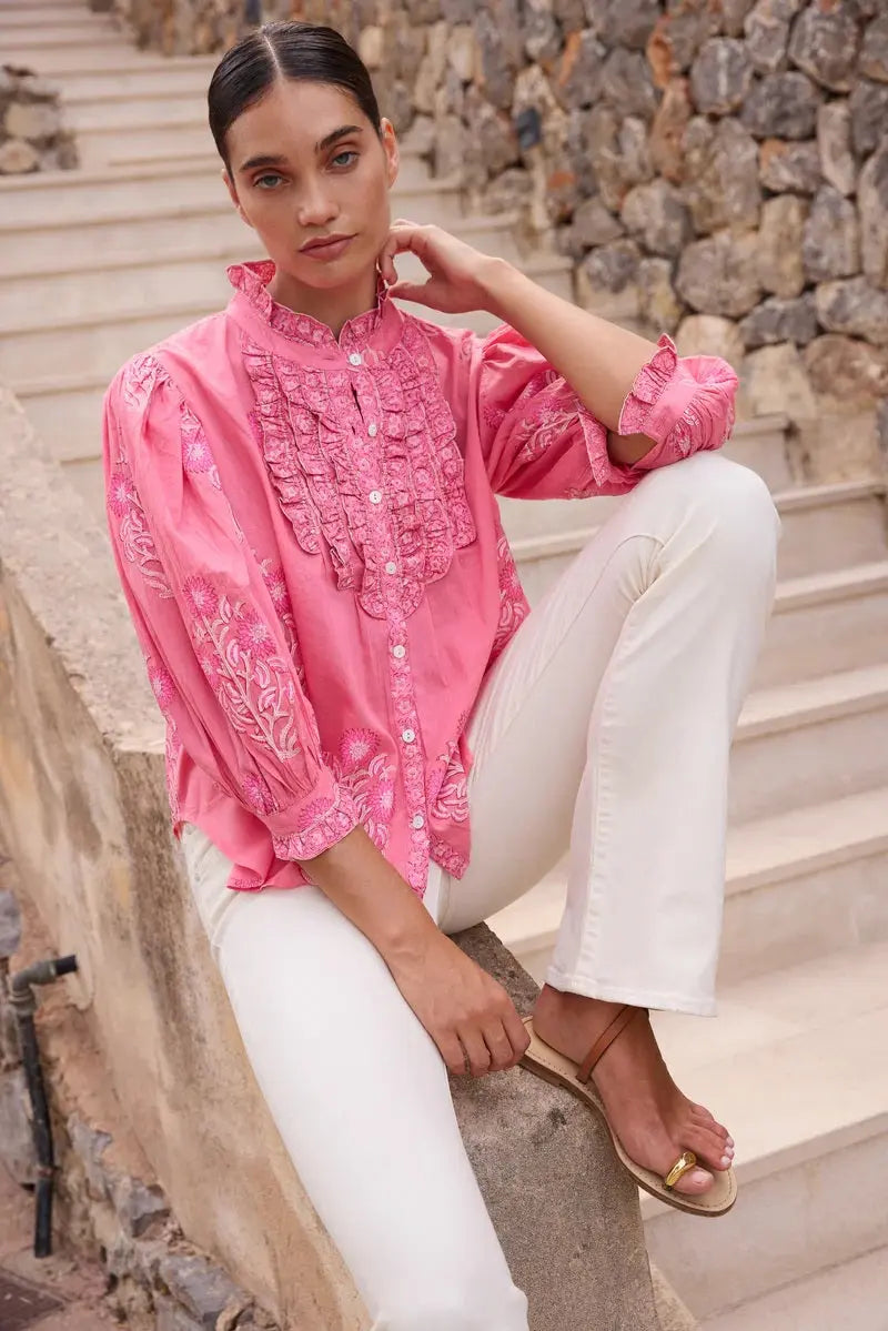 Oliphant Ruffle Front Button Blouse, Raton Pink - Monkee's of the