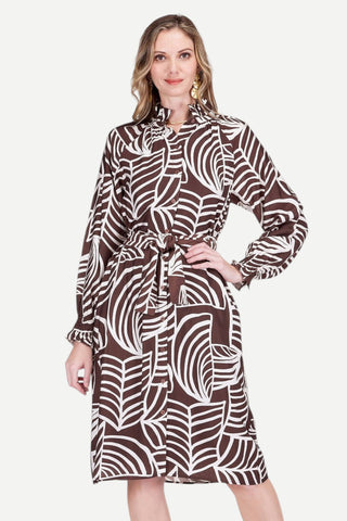 Jade Gathers Neck Midi Dress, Brown Ferns