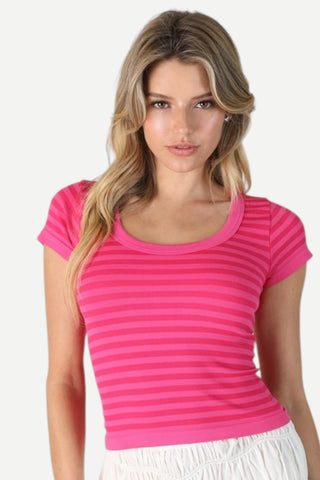 NikiBiki Striped Scoop Neck Top, Aloha Fuchsia