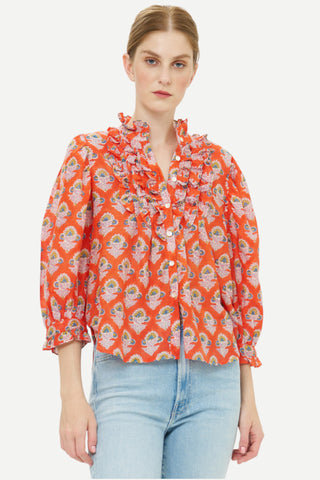 Oliphant Ruffle Front Button Blouse, Patna Red