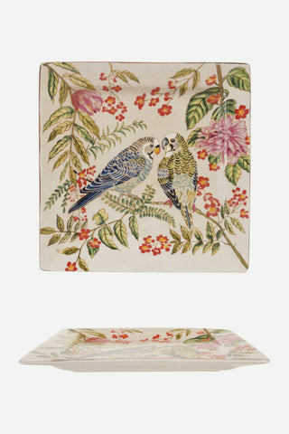 Creative Co-Op Decorative Stoneware Dish w/ Parakeets