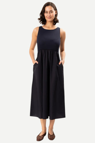 Elliott Lauren Double Up, Rib Knit/Woven Combo Dress, Navy Elliott Lauren