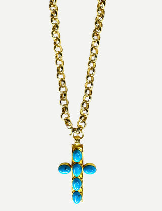Knotty Bling Large Gole Rolo Necklace with Turquoise Cross