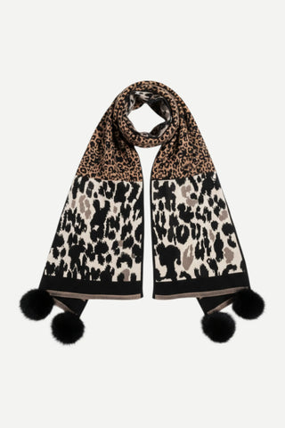 Mitchies Matchings Black Mix Animal Print Scarf w/ Poms