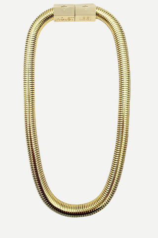 A gold-colored snake chain bracelet with a rectangular clasp, shown on a plain white background.