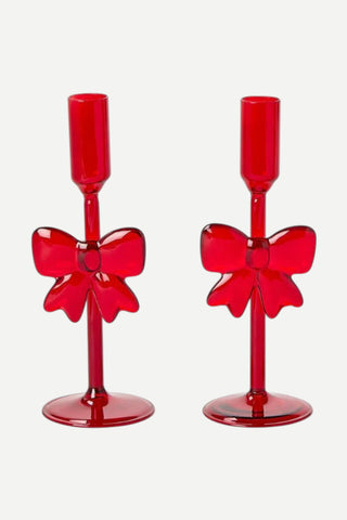 Two's Company Holiday Bow Candlestick Holders Set Of 2, Red