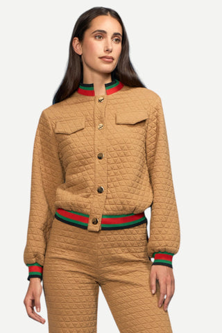 Oo La La Diamond Quilt Snap Bomber Jacket, Camel