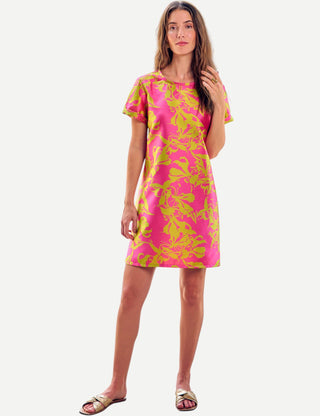 Finley Shawn Shift Dress Jacquard, Pink Chartreuse