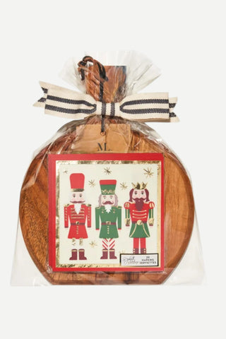 Sophistiplate 9.75x8" Acacia Bevel Board w/ Bow & Cocktail Napkin, Nutcracker Christmas