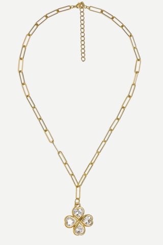 Lisi Lerch Jamie Clover Necklace, 18K Gold Plated, Paperclip Chain, Clear Rhinestone
