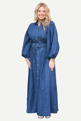 Karlie Clothes Denim Puff Slv Maxi Dress W/Belt, Blue