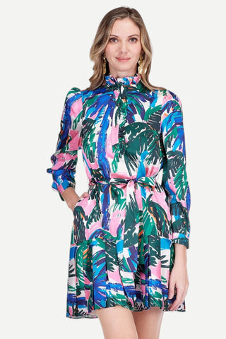 Jade Pleated Flounce Dress, Painted Palms