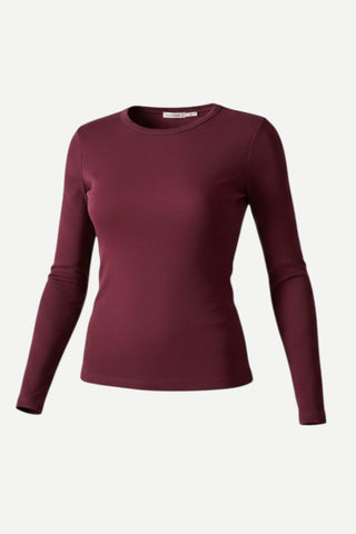 Esqualo Long Sleeve Basic Round Neck Top, Merlot