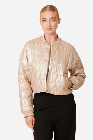 Dolce Cabo Vegan Leather, Heart Quilted, Baseball Jacket, Pale Gold
