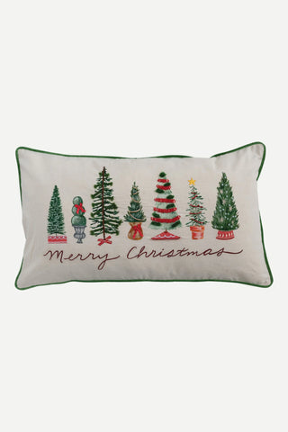 Creative Co-op Lumbar Pillow with Piping, Embroidery & Trees "Merry Christmas"