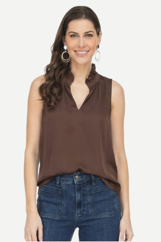 Jade Ruffles Neck Shell Top, Brown