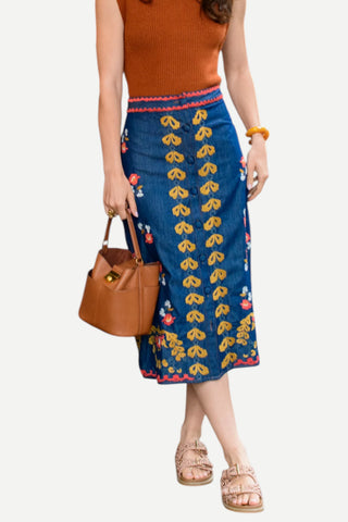 Elizabeth James The Label Frannie Skirt - Denim Embroidery