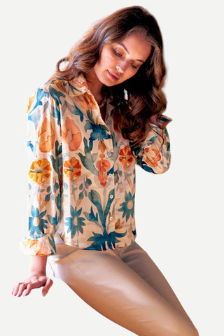 Finley Crop Andie Shirt Pocket Terra Floral, Natural/Teal/Terracotta