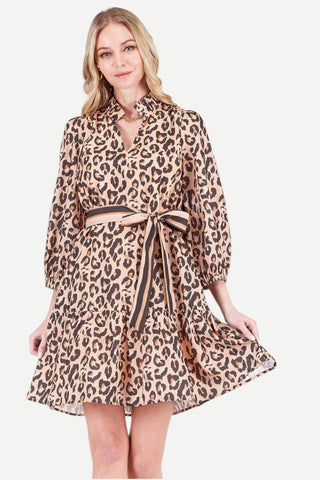 Joy Joy Split Neck Flounce Short Dress, Brown Leopard