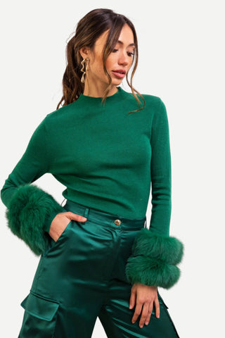 Lisa Maree Samara Removable Fur Cuff Wool Sweater, Green O/S