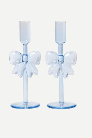 Two's Company Bow Taper Candleholder, Blue TWO'S COMPANY