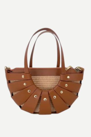 Le Feme Chateau Crescent italian Leather & Raffia Medium Handbag, Tan