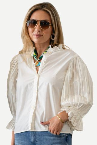La Vida Riley The Kendall, Pleated Button Down Shirt, White