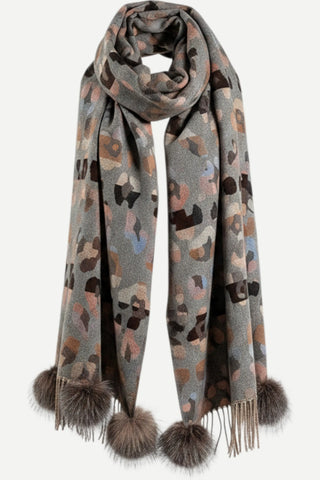Mitchies Matchings Grey Animal Print Plaid Scarf w/ Poms