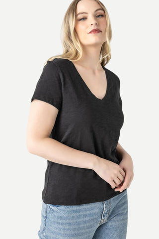 Lilla P V-Neck Short Sleeve Back Seam Tee, Black