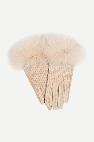 Mitchies Matchings Beige Cable Stitch Gloves w/ Fox Trim