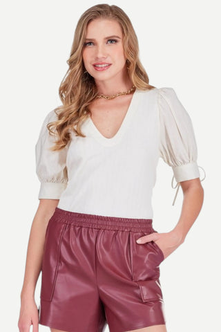 Joy Joy Contrast U-Neck Knit Top, Ivory