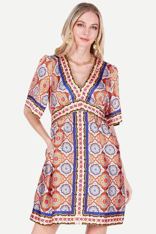 Joy Joy V-Neck Cinched Waist Dress, Spice Tiles